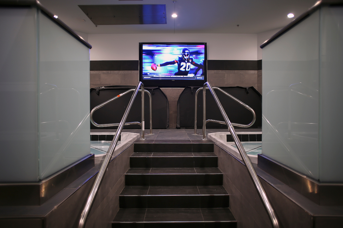 UK men's basketball locker room in the Joe Craft Center.

Photo by Chet White | UK Athletics