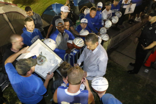 Men's and women's basketball players visited with fans at the annual Big Blue Madness campout. 