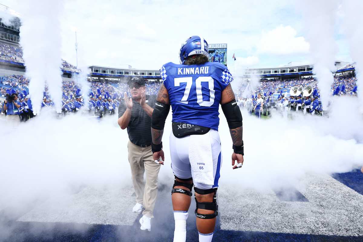 Darian Kinnard. Coach Mark Stoops.

UK beats UTC, 28-23.

Photo by Elliott Hess | UK Athletics