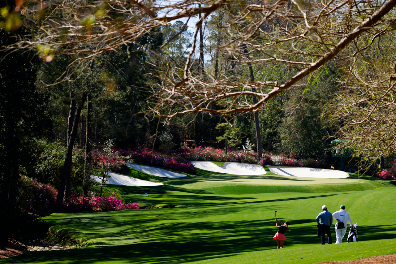 Jensen Castle of the United States plays her second stroke on the No. 13 hole during a practice round for the Augusta National Women's Amateur at Augusta National Golf Club, Friday, April 1, 2022.