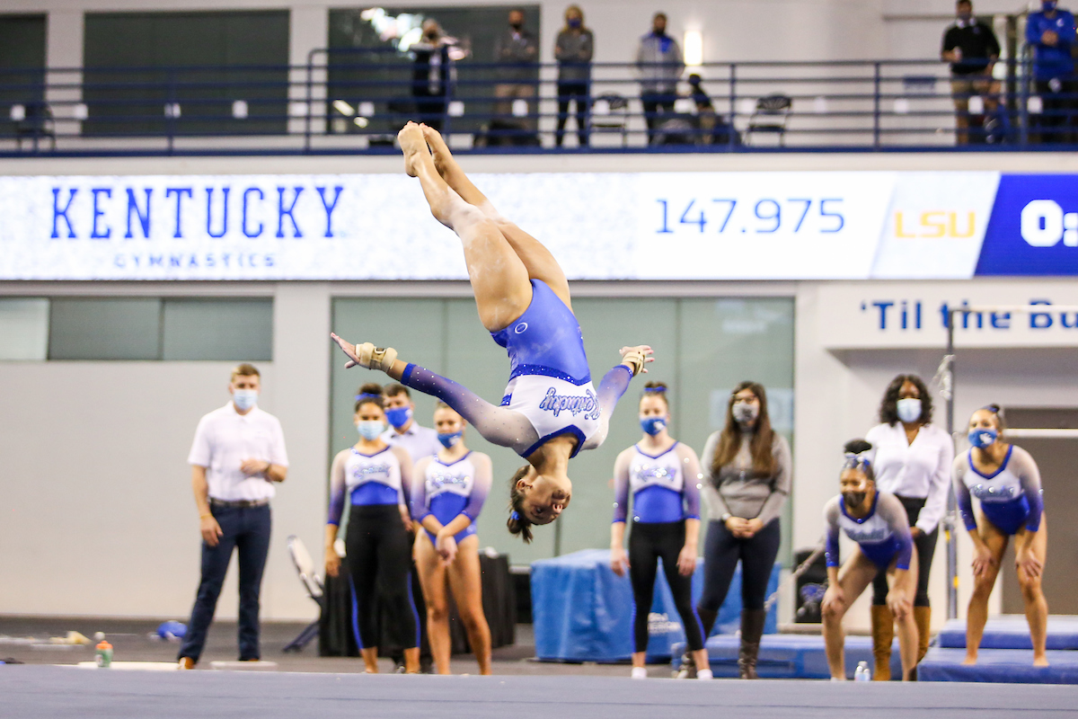 Raina Albores.

Kentucky beats LSU 197.100 - 196.800

Photo by Hannah Phillips | UK Athletics