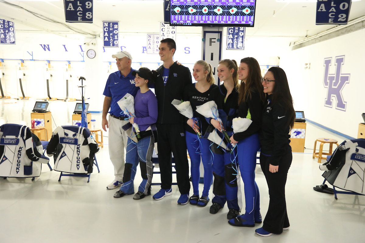 Harry Mullins. Cathryn Papasodora. Jason Spaude. Carmen Fry. Hanna Carr. Morgan Duerr. Rena Goodwin.

UK Rifle hosts Morehead State on Senior Day.

Photo by Quinn Foster | UK Athletics