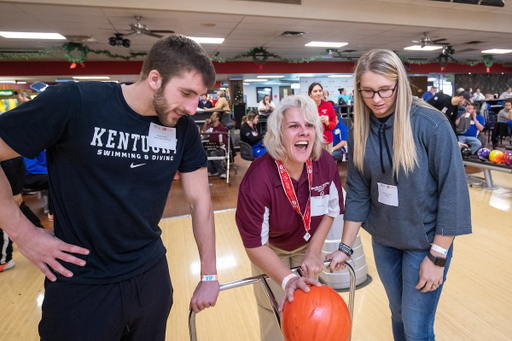 UK athletes bowl with members of Special Olympics at Collins Bowling Alley on , Saturday Dec. 8, 2018  in Lexington, Ky. Photo by Mark Mahan