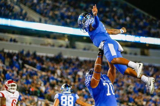 Lynn Bowden Jr. and Darian Kinnard. 

UK beats Arkansas 24-20.

Photo By Barry Westerman | UK Athletics