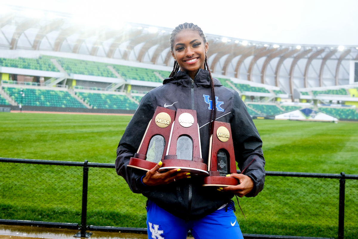 Masai Russell.

Day Four. The UK women’s track and field team placed third at the NCAA Track and Field Outdoor Championships at Hayward Field in Eugene, Or.

Photo by Chet White | UK Athletics