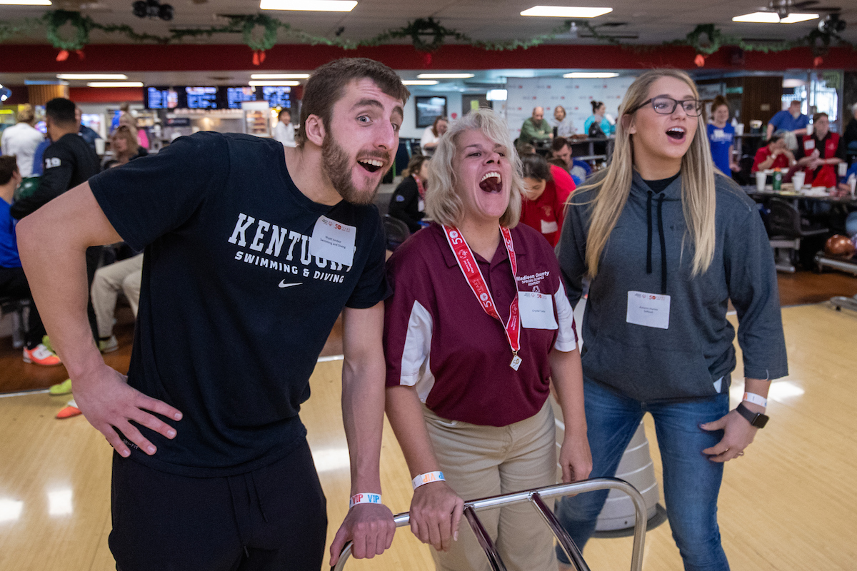 UK athletes bowl with members of Special Olympics at Collins Bowling Alley on , Saturday Dec. 8, 2018  in Lexington, Ky. Photo by Mark Mahan