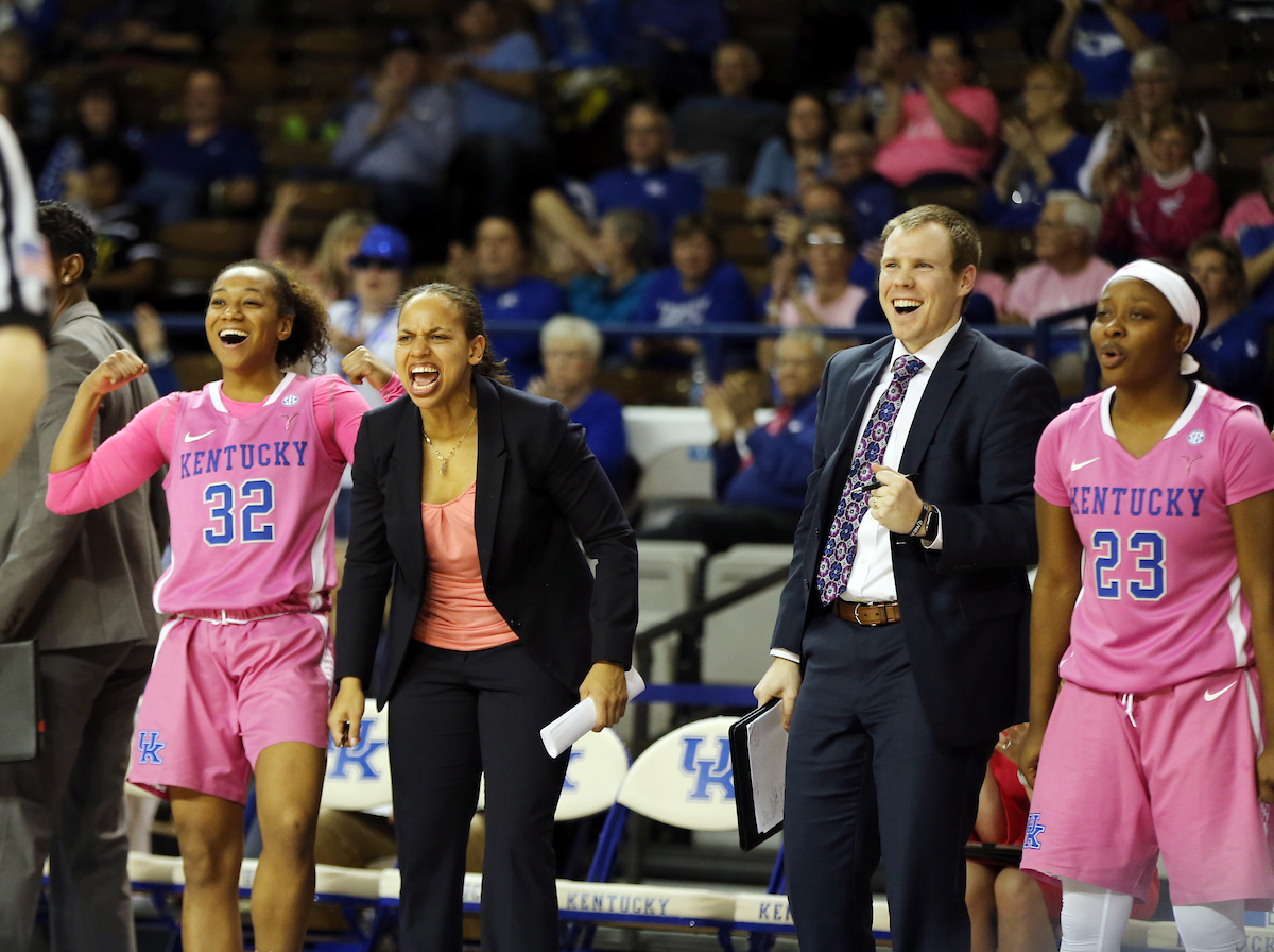 Celebration, Daniel Boice, Amber Smith, Jaida Roper
The University of Kentucky women's basketball beat Arkansas on Thursday, February 15, 2018 at Memorial Coliseum.

Photo by Britney Howard | UK Athletics