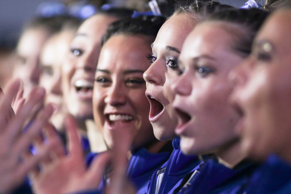 Team. 

Kentucky beats Alabama, 197.200 - 196.800.

Photo by Eddie Justice | UK Athletics