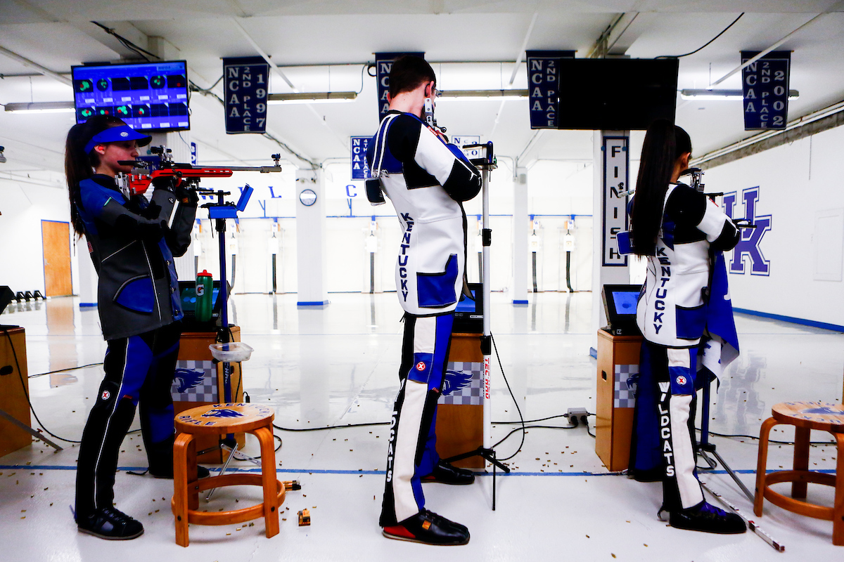 Mary Tucker, Mason Hamilton, and Ruby Gomes.

UK Rifle v Akron.

Photo by Hannah Phillips | UK Athletics