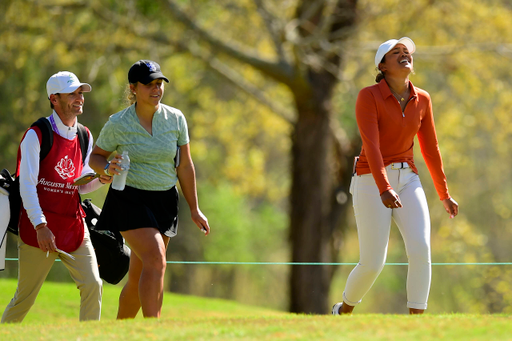 Amari Avery of the United States walks from the No. 3 tee with Jensen Castle of the United States during the second round of the Augusta National Women's Amateur at Champions Retreat Golf Club, Thursday, March 31, 2022.