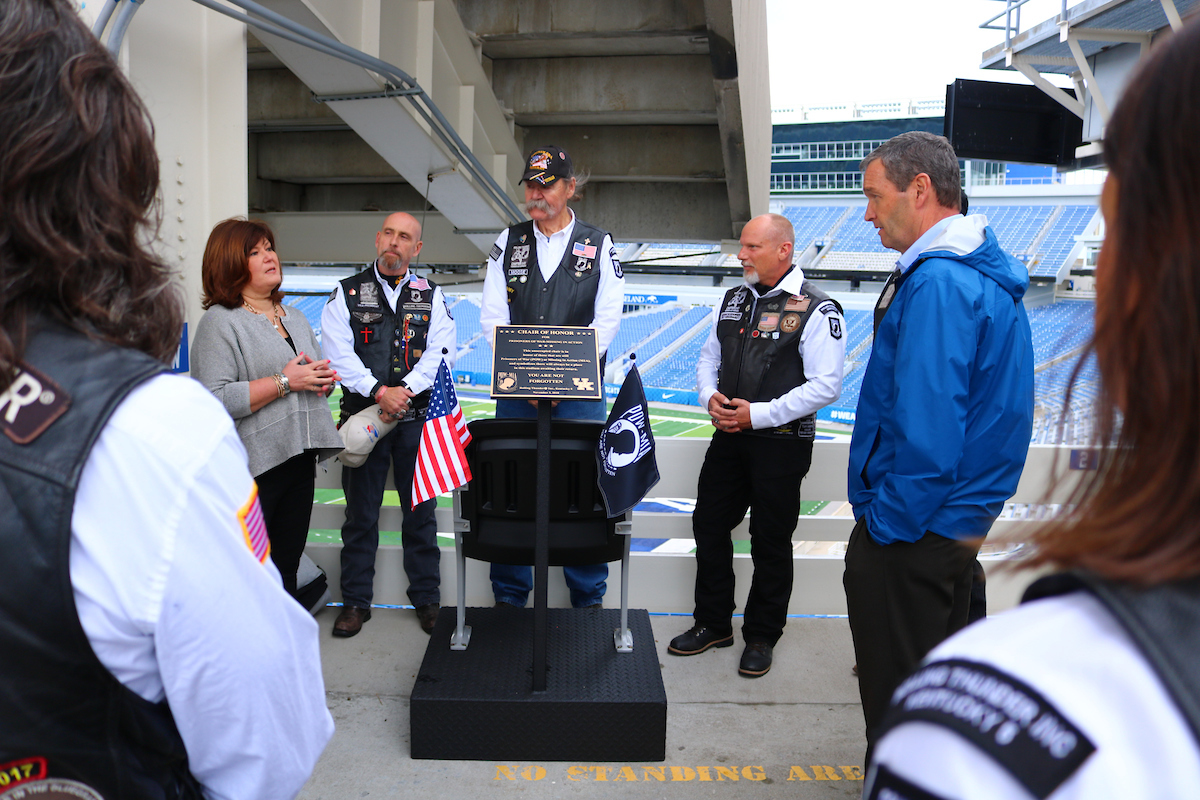 Four Chairs of Honor were dedicated by Rolling Thunder at Kroger Field in the four corners of the upper concourse on Thursday, November 1st, 2018.

Photos by Noah J. Richter | UK Athletics