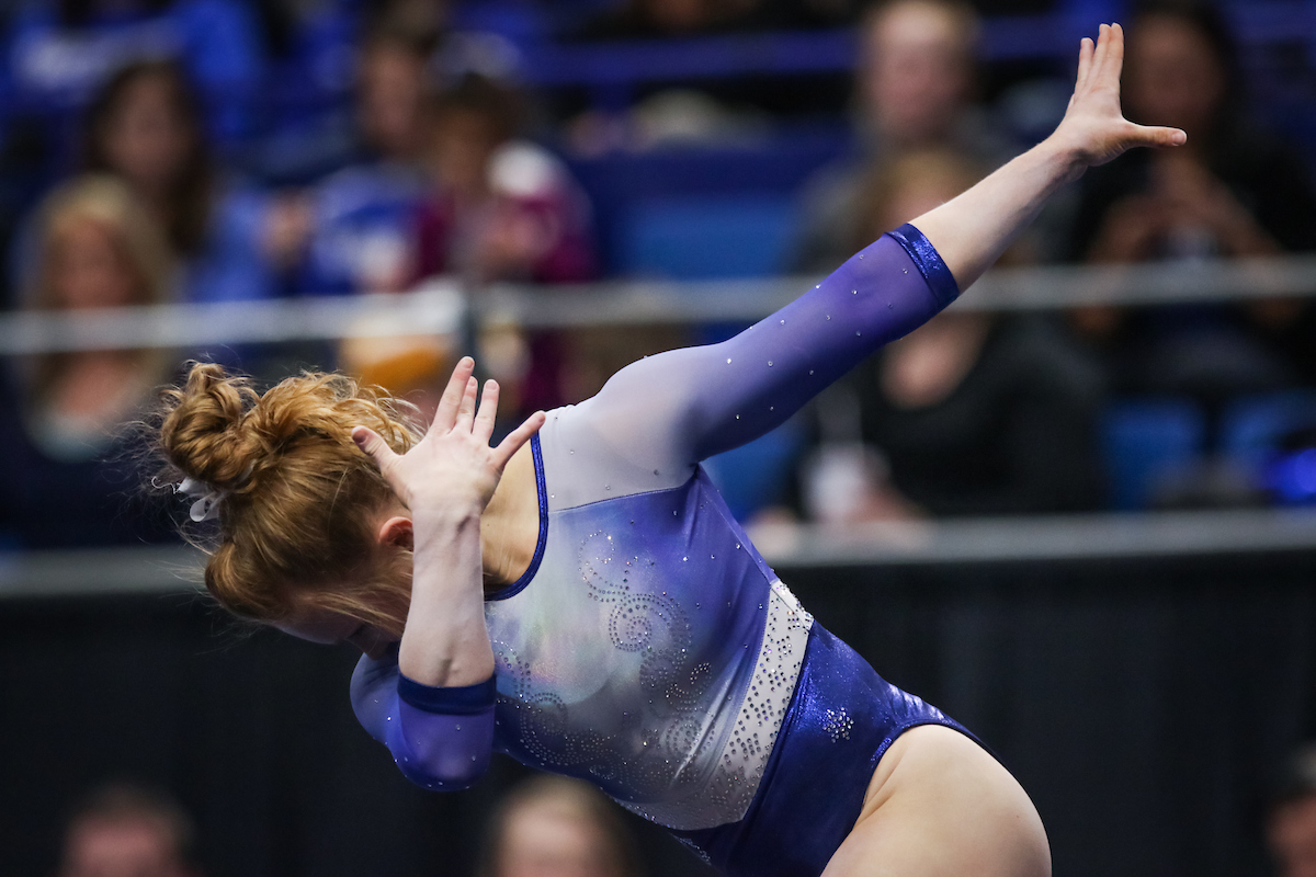 Sidney Dukes. 

The University of Kentucky gymnastics team beats Arkansas with a winning score of 195.275 on Excite Night

Photo by Eddie Justice | UK Athletics