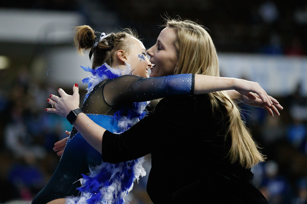 Raena Worley. Coach Rachel Garrison.

Kentucky wins Quad Meet with a score of 197.450.

Photo by Elliott Hess | UK Athletics