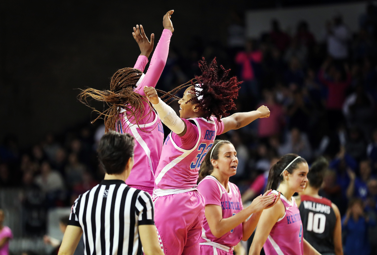 Celebration, Rhyne Howard, Jaida Roper

The UK Women's Basketball team beat Arkansas.
Photo by Britney Howard | UK Athletics