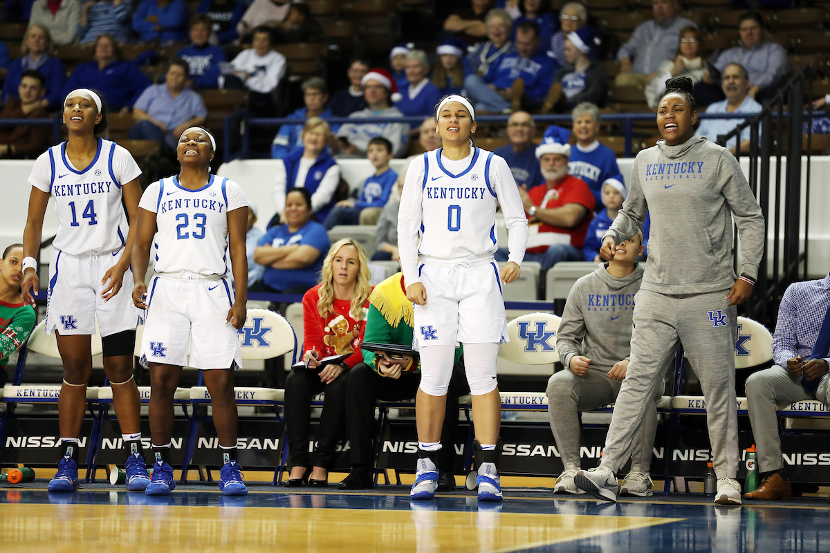 Celebration
The women's basketball team beat Murray State 88-49 on Friday, December 21, 2018. 

Photo by Britney Howard  | UK Athletics