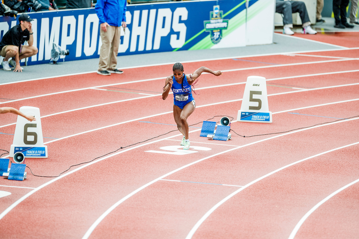 Masai Russell.

Day Four. The UK women’s track and field team placed third at the NCAA Track and Field Outdoor Championships at Hayward Field in Eugene, Or.

Photo by Chet White | UK Athletics