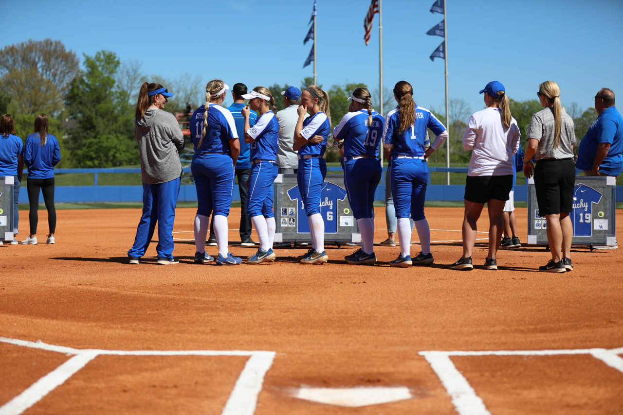 Rachel Lawson. Abbey Cheek. Katie Reed. Jenny Schaper. Kelsee Henson. Sarah Rainwater. Molly Belcher. Kristine Himes.

University of Kentucky softball vs. Auburn on Senior Day. Game 1.

Photo by Quinn Foster | UK Athletics