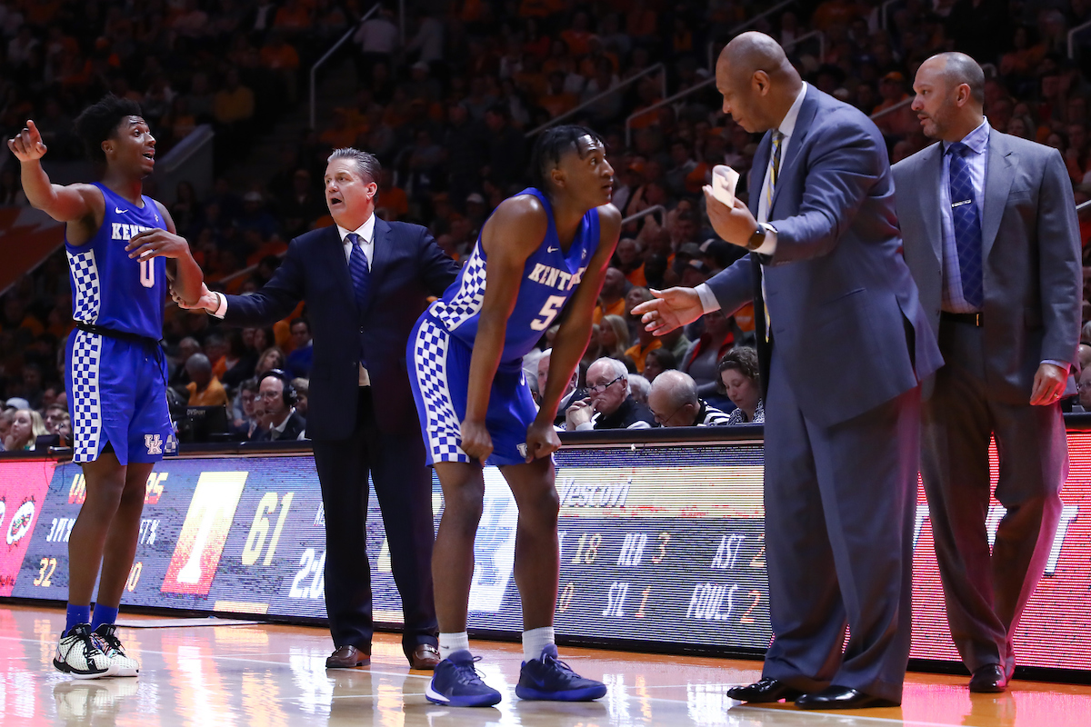 Ashton Hagans. John Calipari. Immanuel Quickley. Kenny Payne. Tony Barbee.

Kentucky beat Tennessee, 77-64.

Photo by Elliott Hess | UK Athletics