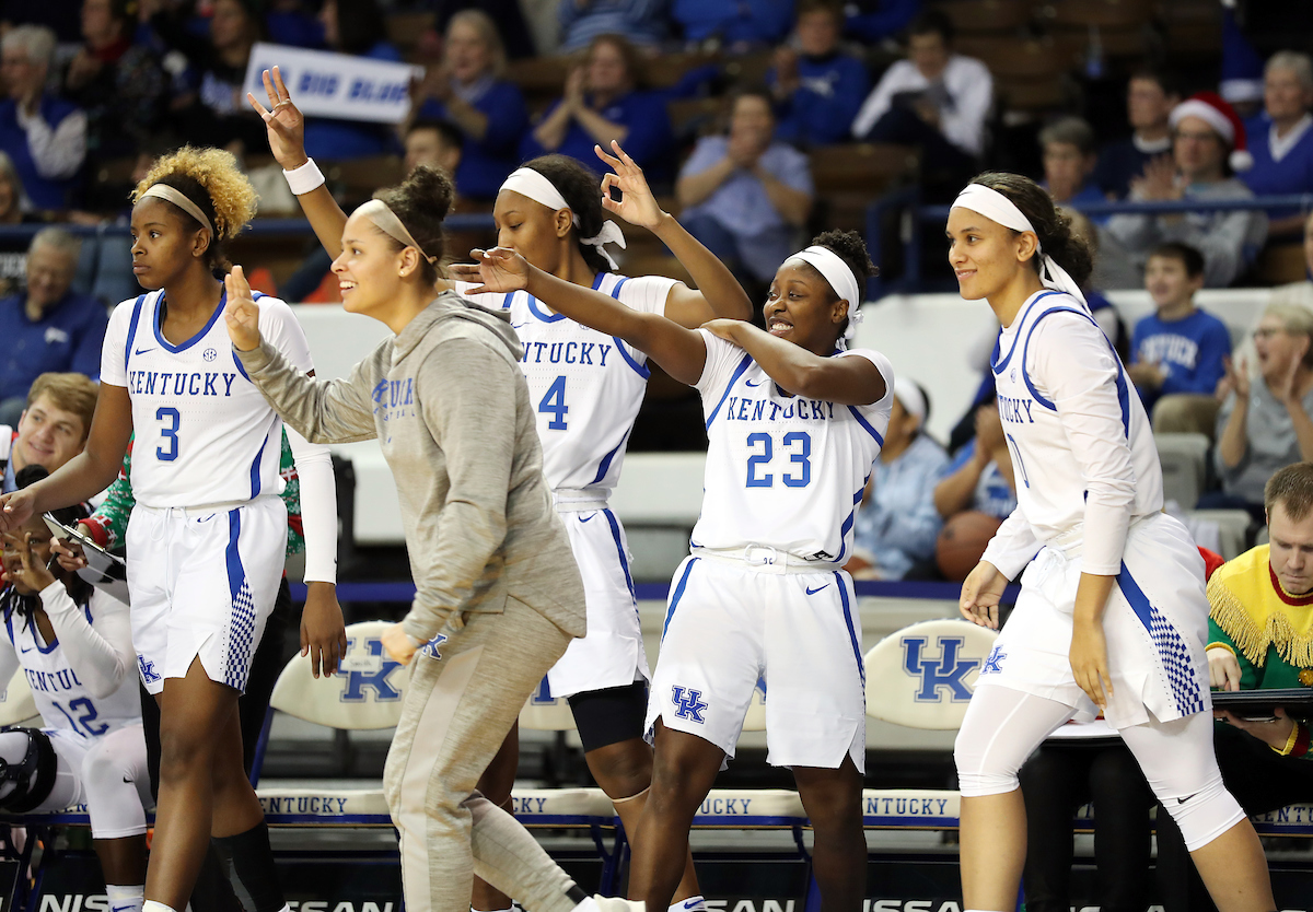 Bench, Celebration, Kameron Roach
The women's basketball team beat Murray State 88-49 on Friday, December 21, 2018. 

Photo by Britney Howard  | UK Athletics