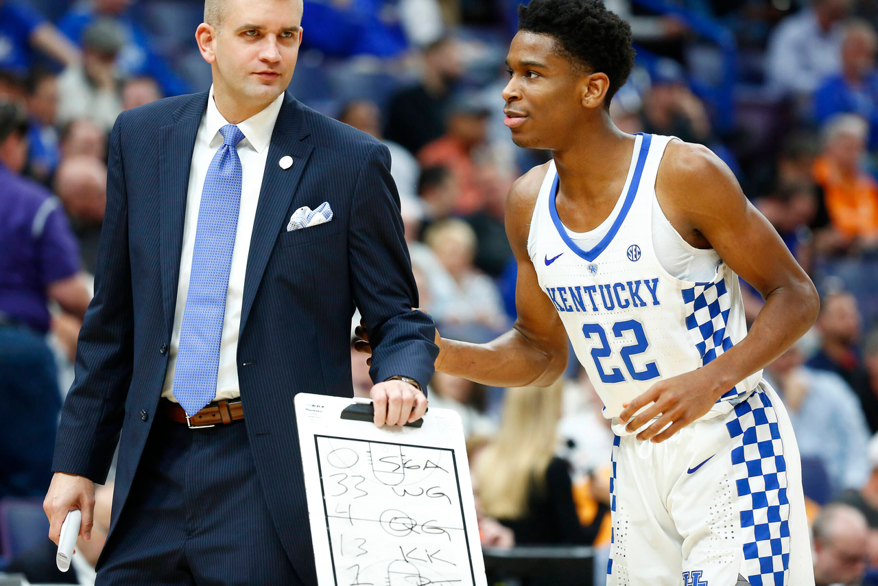 Joel Justus. Shai Gilgeous-Alexander.

The University of Kentucky men's basketball team beat Georgia 62-49 in the quarterfinals of the 2018 SEC Men's Basketball Tournament at Scottrade Center in St. Louis, Mo., on Friday, March 9, 2018.

Photo by Chet White | UK Athletics