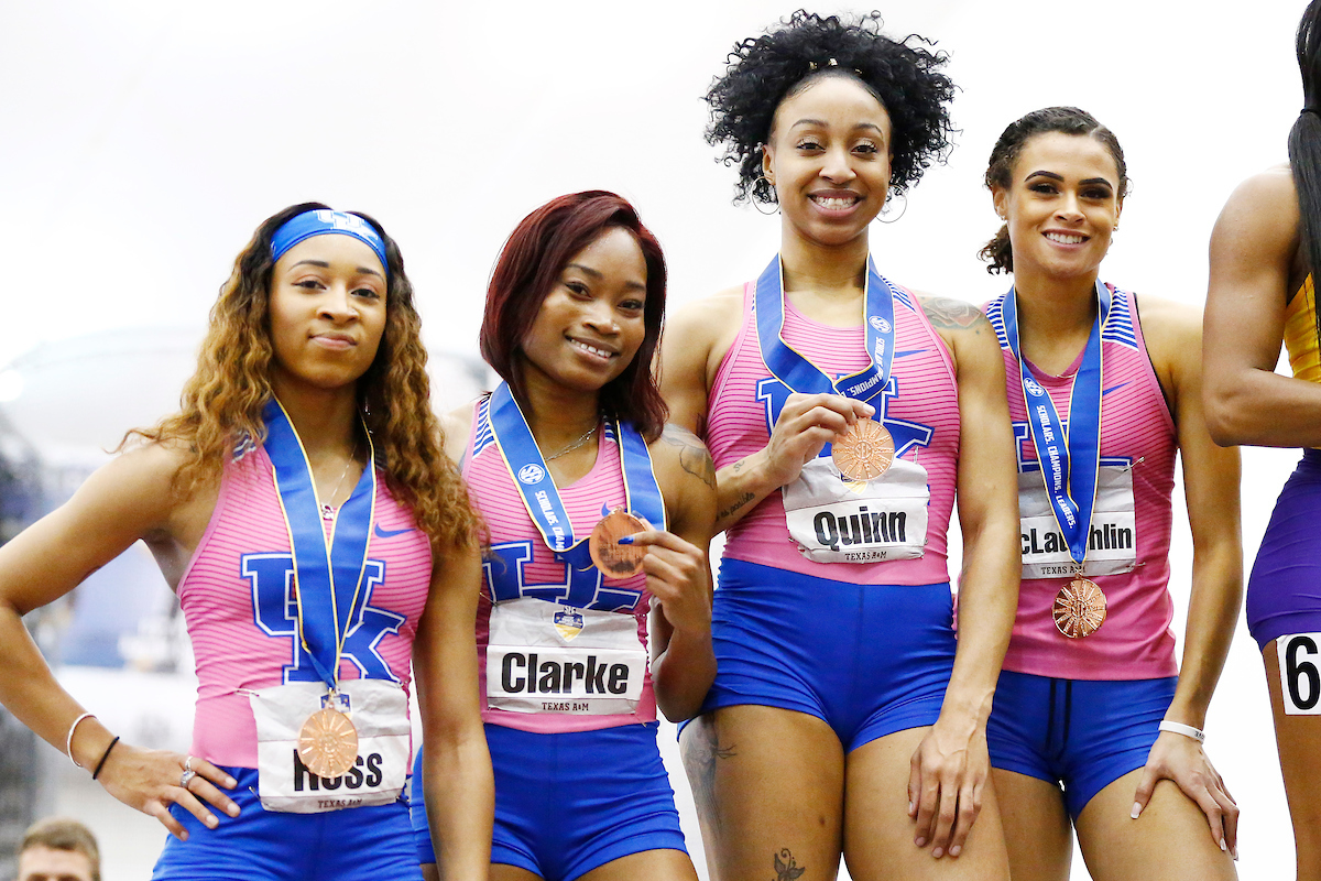 Faith Ross. Kayelle Clarke. Jasmine Comacho Quinn. Sydney McGlaughlin. 4x100 Relay.

The University of Kentucky track and field team competes in day two of the 2018 SEC Indoor Track and Field Championships at the Gilliam Indoor Track Stadium in College Station, TX., on Sunday, February 25, 2018.

Photo by Chet White | UK Athletics
