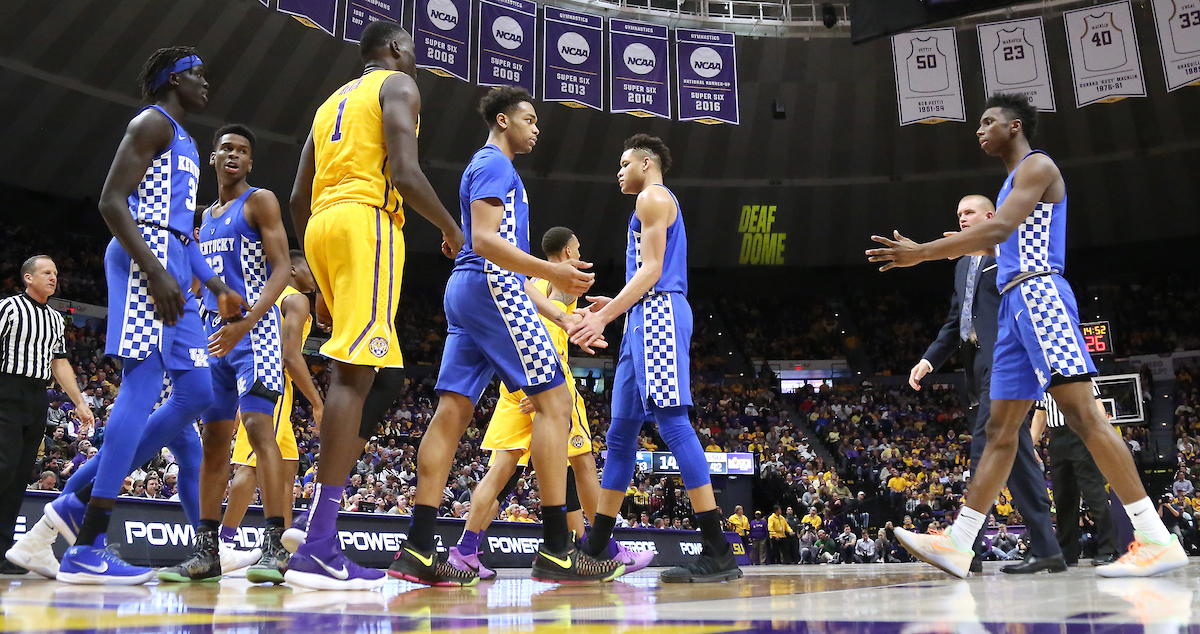 Team. 

The University of Kentucky men's basketball team beat LSU 74-71 at the Pete Maravich Assembly Center in Baton Rouge, La., on Wednesday, January 3, 2018.

Photo by Chet White | UK Athletics