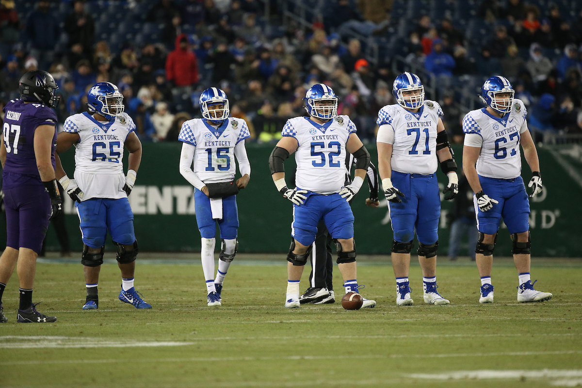 O Line.

The University of Kentucky football team falls to Northwestern 23-24 in the Music City Bowl on Friday, December 29, 2017, at Nissan Field in Nashville, Tn.

Photo by Chet White | UK Athletics
