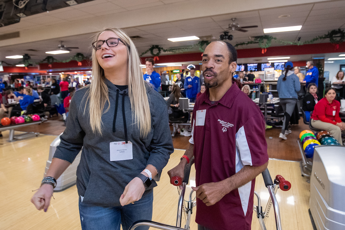 UK athletes bowl with members of Special Olympics at Collins Bowling Alley on , Saturday Dec. 8, 2018  in Lexington, Ky. Photo by Mark Mahan