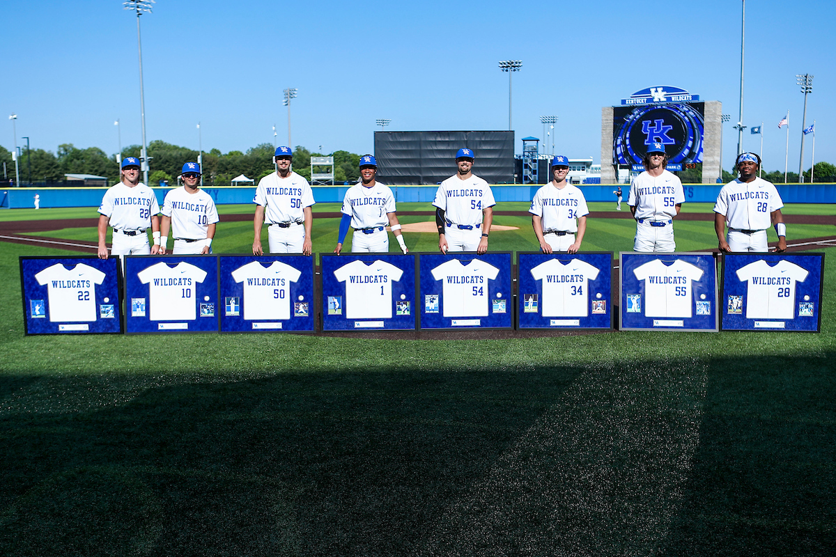 John Thrasher. Hunter Jump. Mason Hazelwood. Daniel Harris IV. Daniel Harper. Sean Harney. Adam Fogel. Oraj Anu.

2022 Kentucky Baseball Senior Day.

Photo by Sarah Caputi | UK Athletics