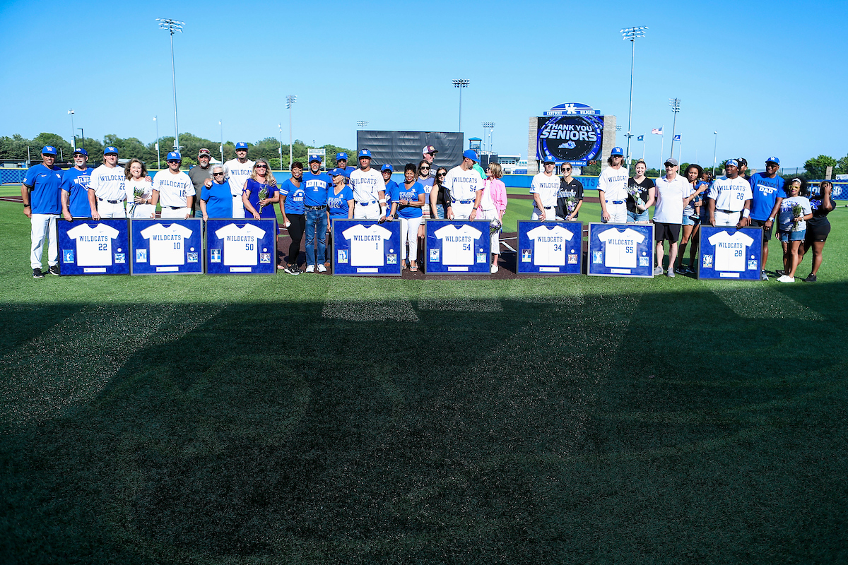 Coach Nick Mingione. John Thrasher. Hunter Jump. Mason Hazelwood. Daniel Harris IV. Daniel Harper. Sean Harney. Adam Fogel. Oraj Anu.

2022 Kentucky Baseball Senior Day.

Photo by Sarah Caputi | UK Athletics