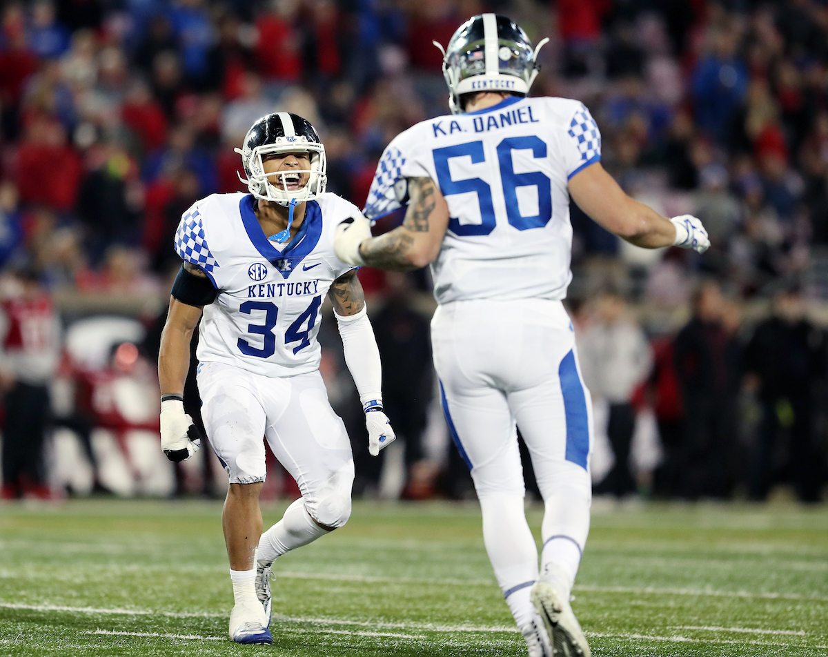 Jordan Jones, Kash Daniel

UK football beats Louisville 56-10 at Cardinal Stadium. 

Photo by Britney Howard  | UK Athletics