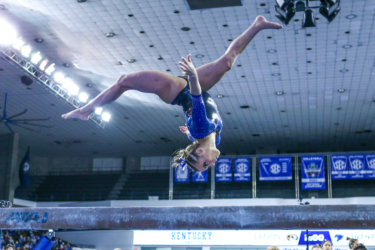 Josie Angeny.

Kentucky defeats Mizzou 197.450-196.875.

Photo by Sarah Caputi | UK Athletics