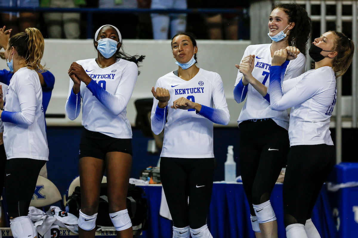 Reagan Rutherford, Madi Skinner, Sophie Fischer, and Erin Lamb.

Kentucky beats USC 3 - 0.

Photo by Sarah Caputi | UK Athletics