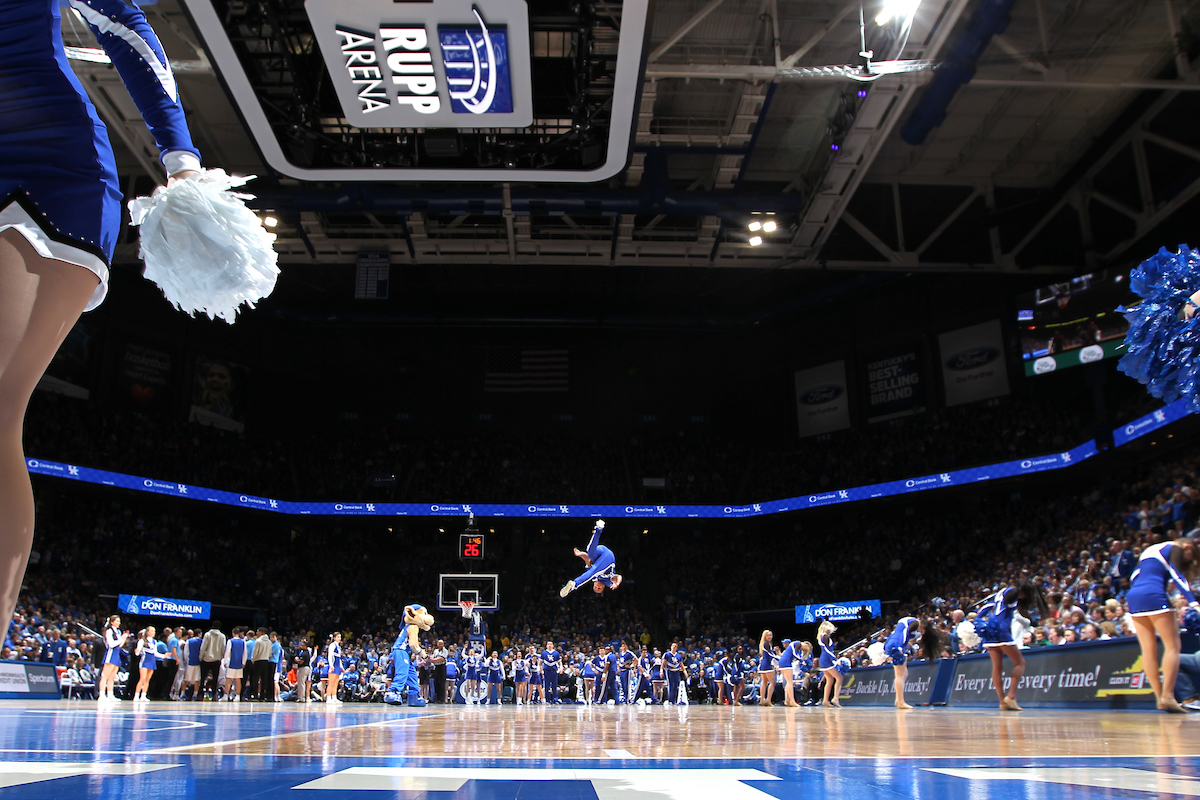 Cheerleader.

The University of Kentucky men's basketball team beat Georgia 66-61 on Sunday, December 31, 2017 at Rupp Arena in Lexington, Ky. 

Photo by Quinn Foster I UK Athletics