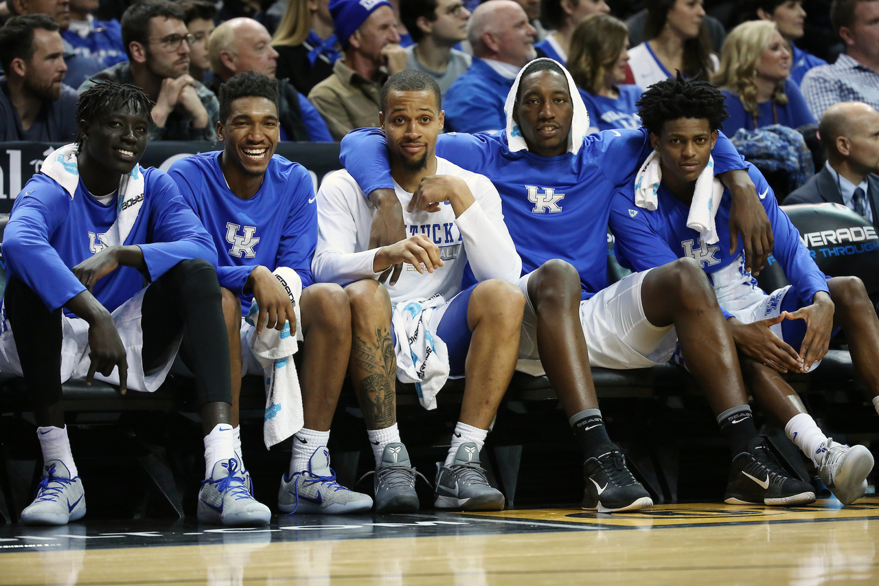 Team. Wenyen Gabriel. Malik Monk. Isaiah Briscoe. Bam Adebayo. De'Aaron Fox.

The University of Kentucky men's basketball team beat Hofstra 96-73 on Sunday, December 11, 2016, in the Brooklyn Hoops Winter Festival at Barclays Center in Brooklyn, N.Y.

Photo by Chet White | UK Athletics