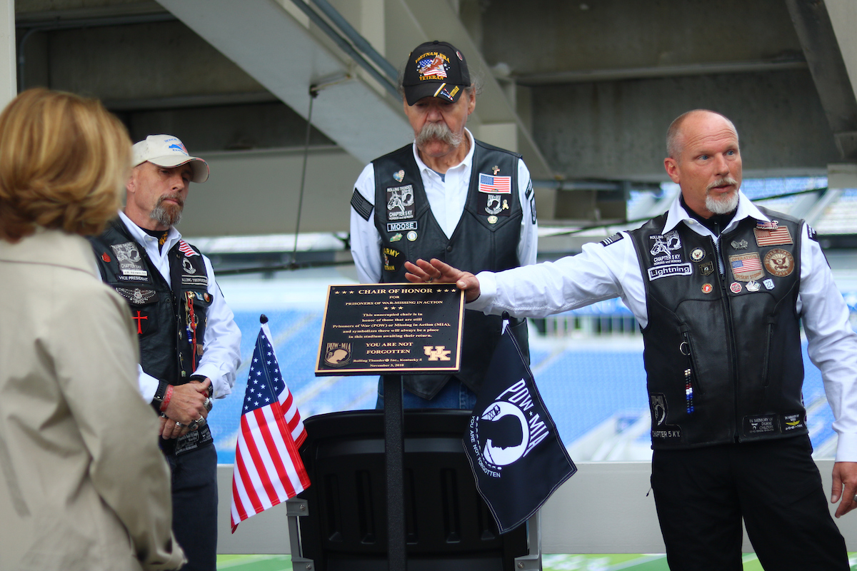 Four Chairs of Honor were dedicated by Rolling Thunder at Kroger Field in the four corners of the upper concourse on Thursday, November 1st, 2018.

Photos by Noah J. Richter | UK Athletics