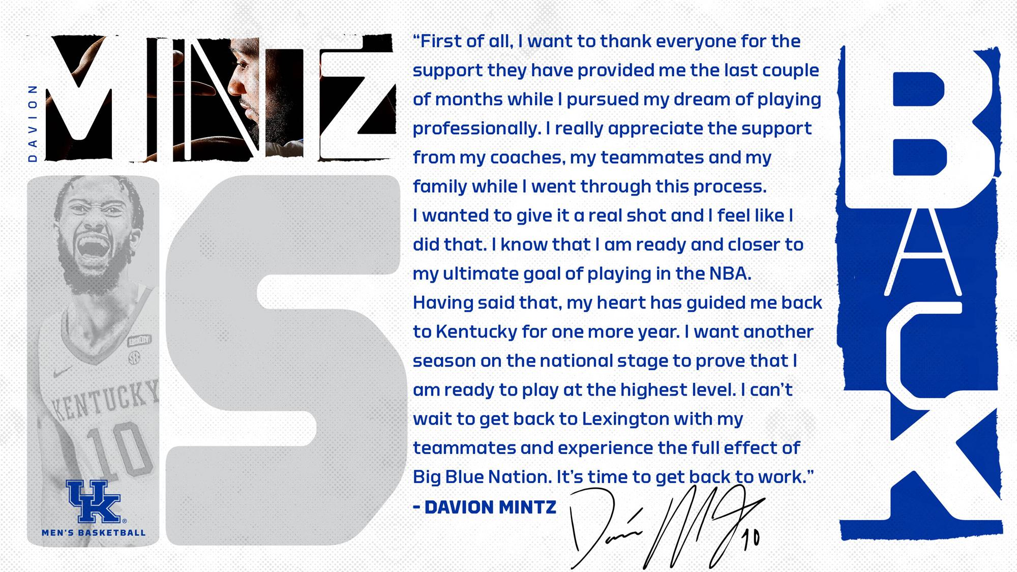 Davion Mintz to Return to Kentucky for 2021-22 Season