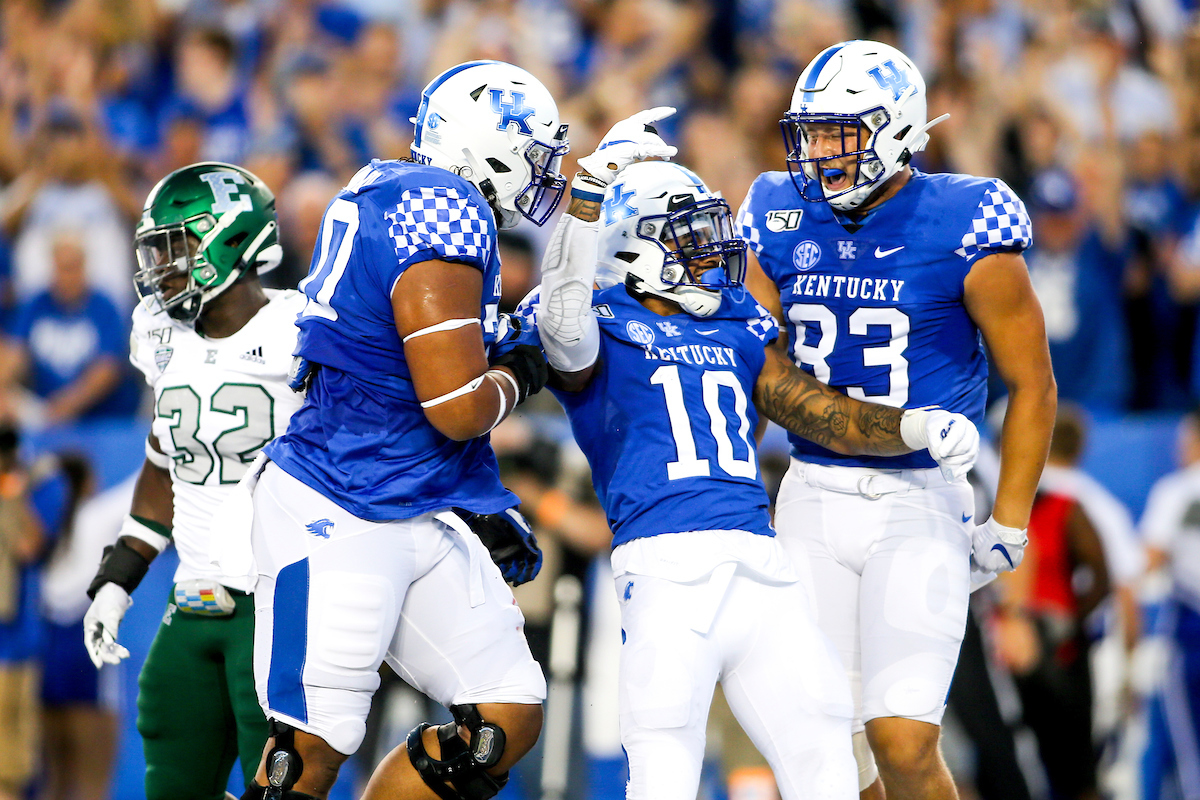 AJ Rose Jr. Justin Rigg. 

UK Beat EMU 38-17.

Photo by Eddie Justice | UK Athletics