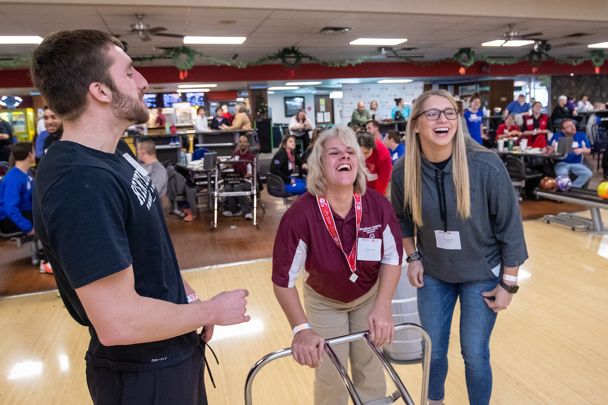 UK athletes bowl with members of Special Olympics at Collins Bowling Alley on , Saturday Dec. 8, 2018  in Lexington, Ky. Photo by Mark Mahan