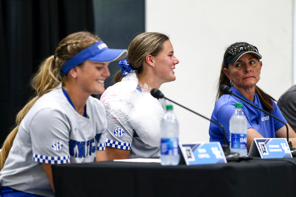 Erin Coffel, Stephanie Schoonover, Rachel Lawson.Kentucky defeats Miami of Ohio 15-1.Photo by Grace Bradley | UK Athletics
