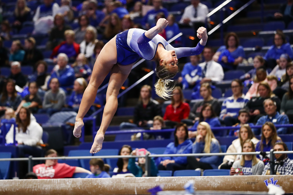 ALEX HYLAND.

The University of Kentucky gymnastics team beats Arkansas with a winning score of 195.275 on Excite Night. 


Photo by Elliott Hess | UK Athletics