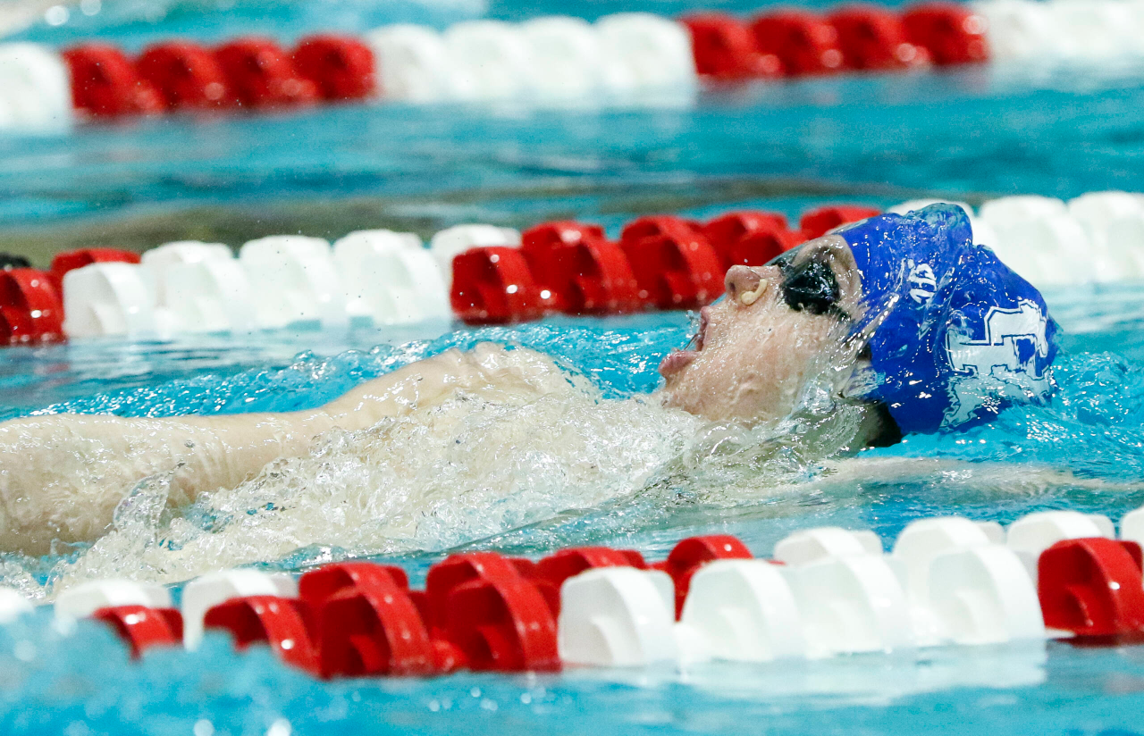 Connor Blandford swims during the men's 200 backstroke during the final day of the 2019 SEC Swimming and Diving Championships in the Gabrielsen Natatorium at the University of Georgia in Athens, Ga., on Saturday, Feb. 23, 2019. (Casey Sykes)