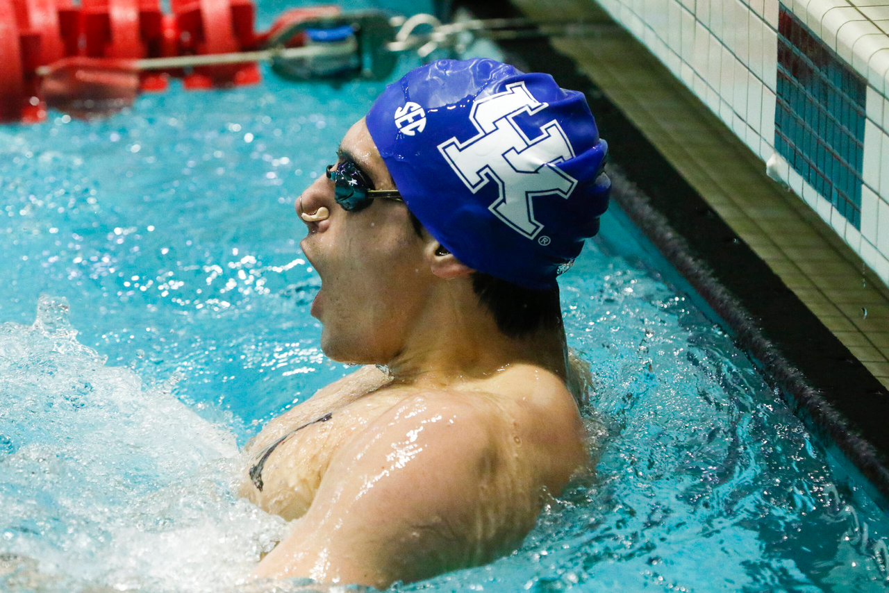 Joshua Swart reacts after the end of the men's 200 backstroke during the final day of the 2019 SEC Swimming and Diving Championships in the Gabrielsen Natatorium at the University of Georgia in Athens, Ga., on Saturday, Feb. 23, 2019. (Casey Sykes)
