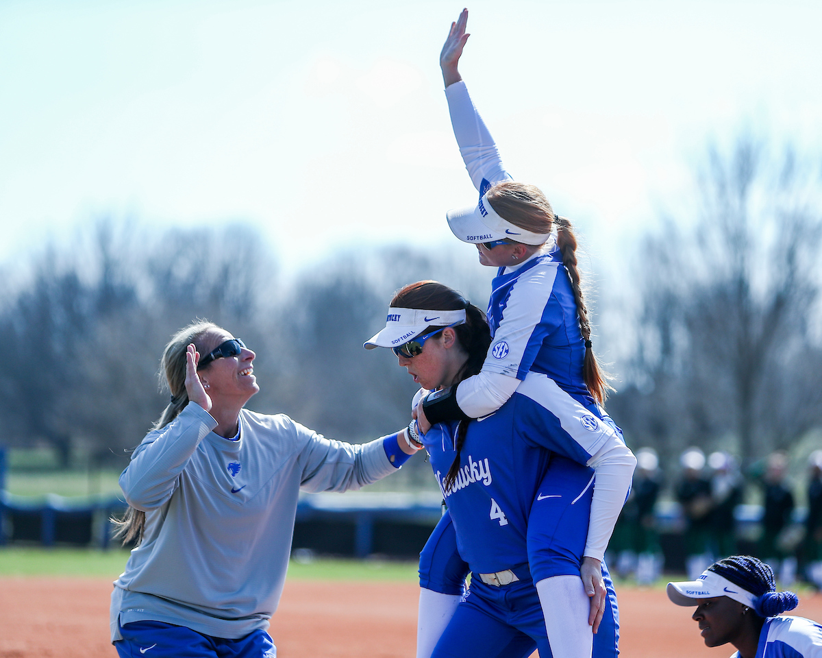 Coach Kristine Himes, Renee Abernathy and Jaci Babbs.

Kentucky defeats Ohio 16-8.

Photo by Sarah Caputi | UK Athletics