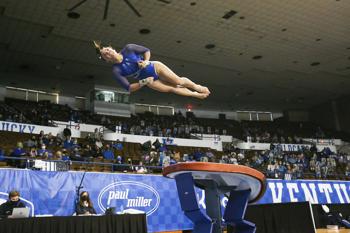 Raina Albores.

Kentucky falls to Alabama 196.775 - 196.350.

Photo by Hannah Phillips | UK Athletics