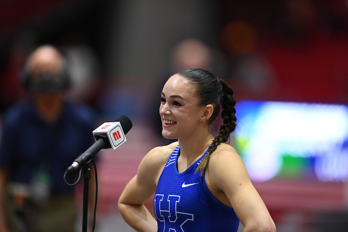 FAYETTEVILLE, AR - MARCH 13: Abby Steiner of Kentucky during the Division I Men?s and Women?s Indoor Track & Field Championship held at the Randal Tyson Center on March 13, 2021 in Fayetteville, Arkansas. (Photo by Andy Hancock/NCAA Photos via Getty Images)