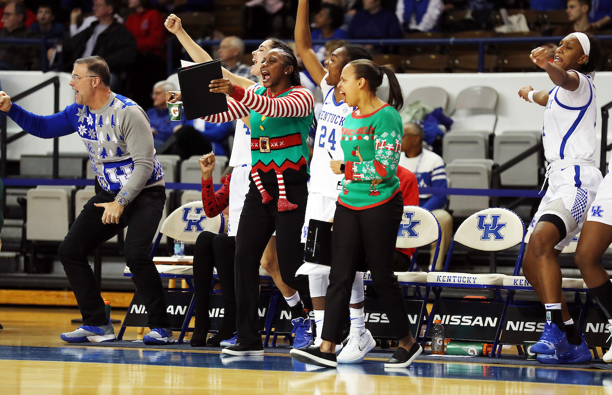 Celebration
The women's basketball team beat Murray State 88-49 on Friday, December 21, 2018. 

Photo by Britney Howard  | UK Athletics