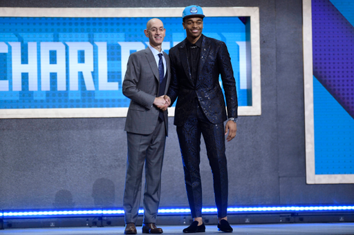 PJ Washington poses with NBA Commissioner Adam Silver after being picked by the Charlotte Hornets in the NBA Draft Thursday, June 19, 2019 in Brooklyn, New York. (Barry Williams for New York Daily News)