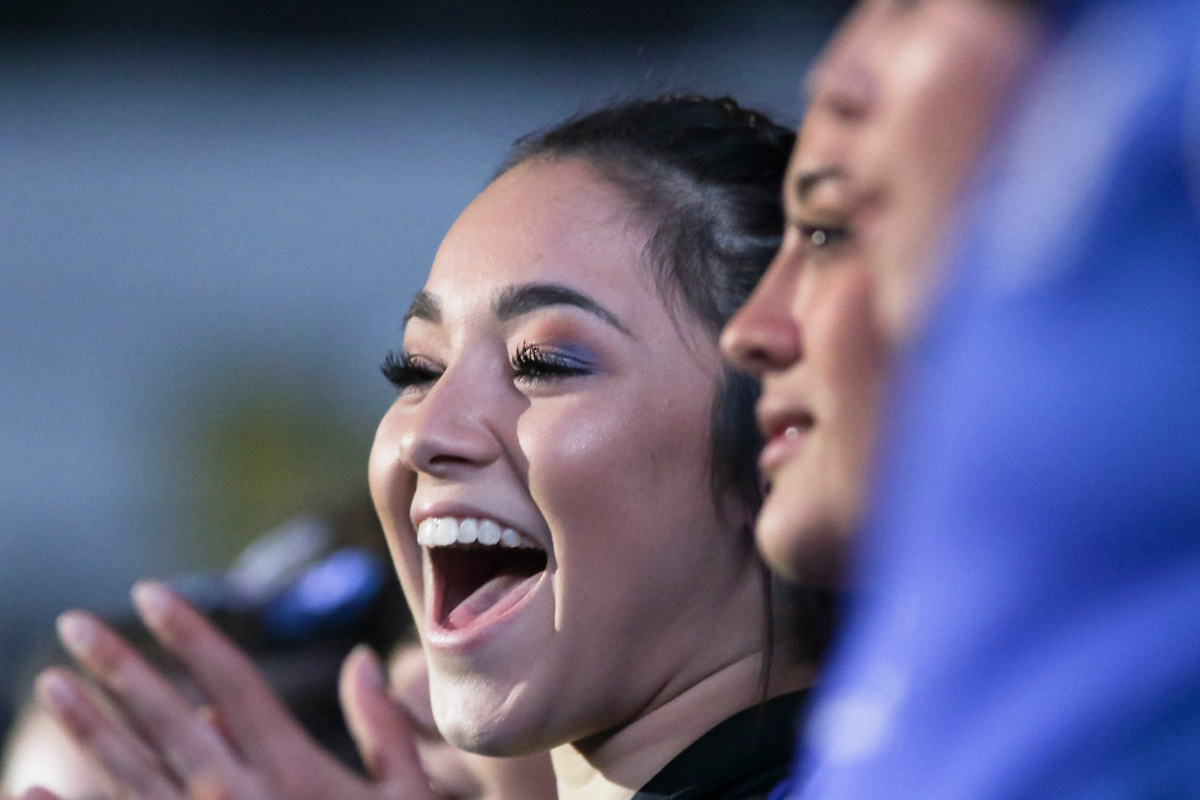 Aubree Rosa. 

Kentucky beats Alabama, 197.200 - 196.800.

Photo by Eddie Justice | UK Athletics