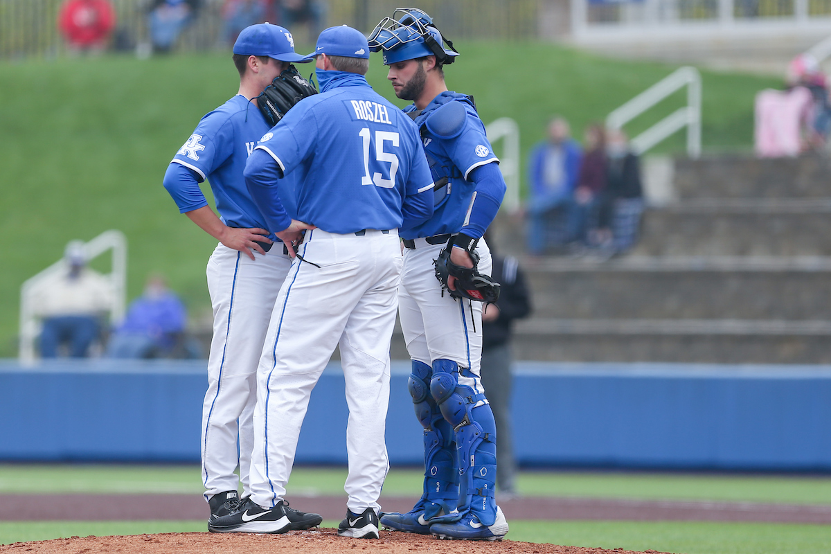 Sean Harney, Coach Dan Roszel, and Coltyn Kessler.

Kentucky beats Alabama 5 - 2.

Photo by Sarah Caputi | UK Athletics